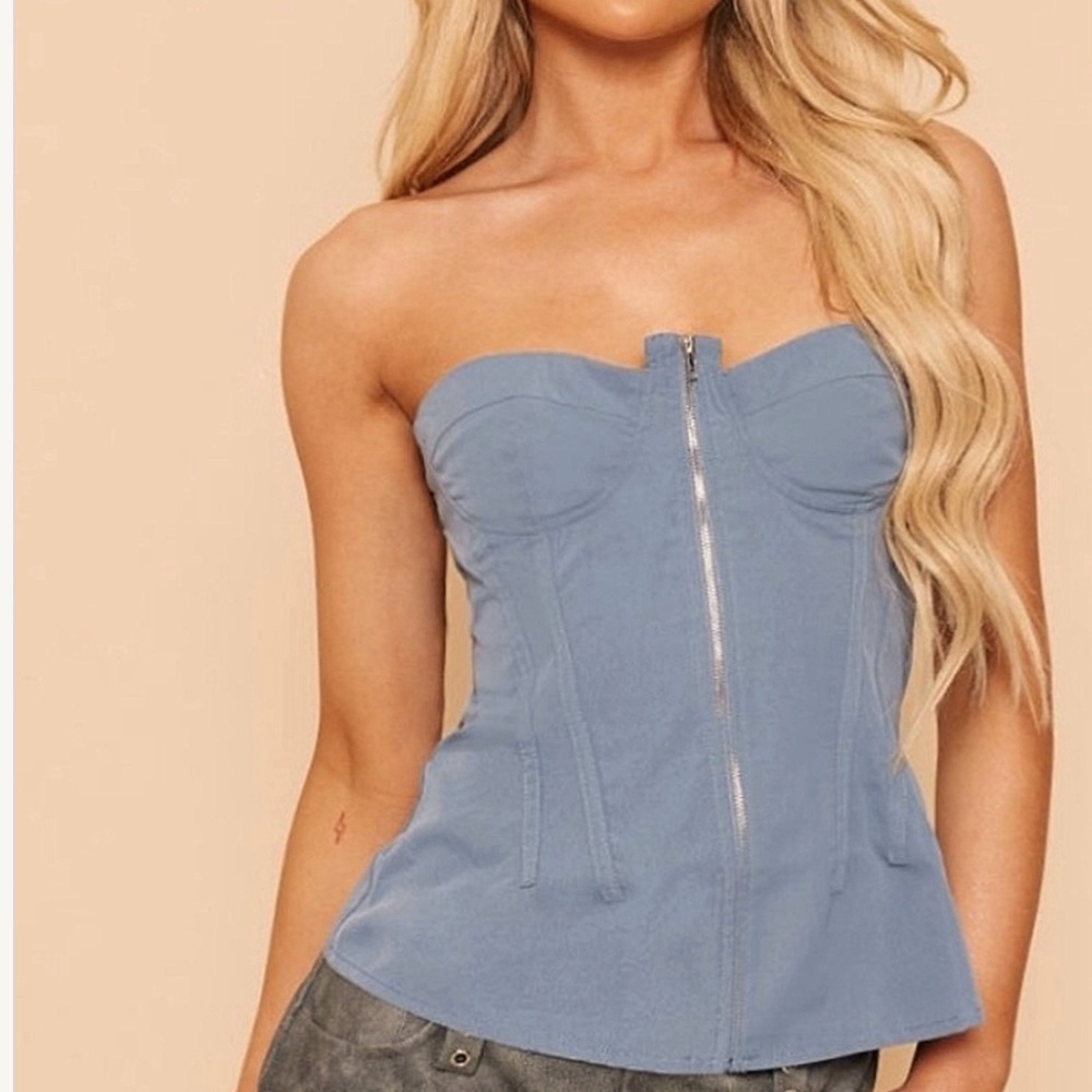 NWT PrettyLittleThing Blue Zip Front Strapless Bandeau Corset Top size 12